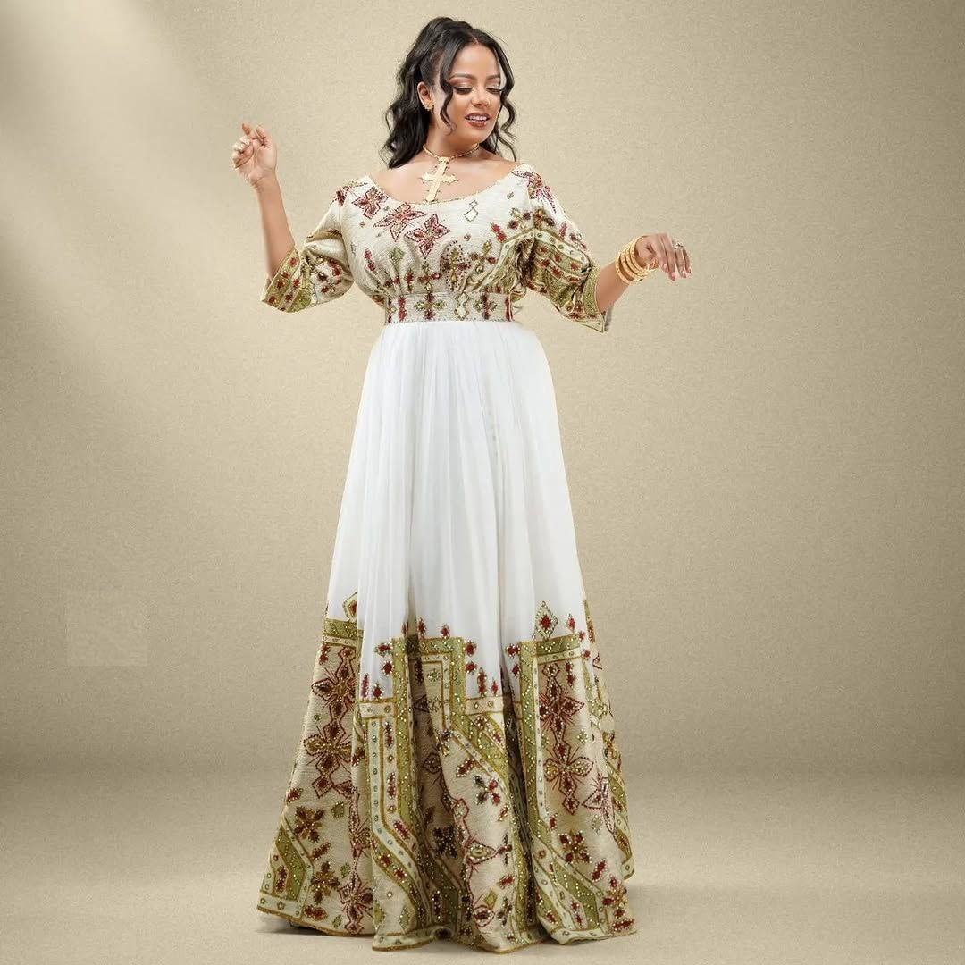Green-Themed Embroidered Ethiopian Wedding & Event Dress – Shimmering Elegance | Shiromeda Threads