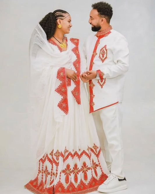 Simple Ethiopian Wedding Dress &amp; Groom’s Set – Orange Embroidery Elegance | Shiromeda Threads