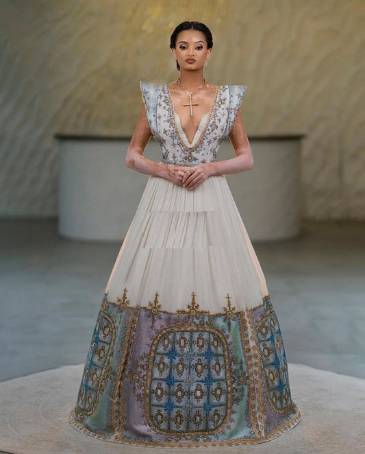 Modern Sky Blue Ethiopian Wedding &amp; Event Dress – Elegant Shine & Detail | Shiromeda Threads