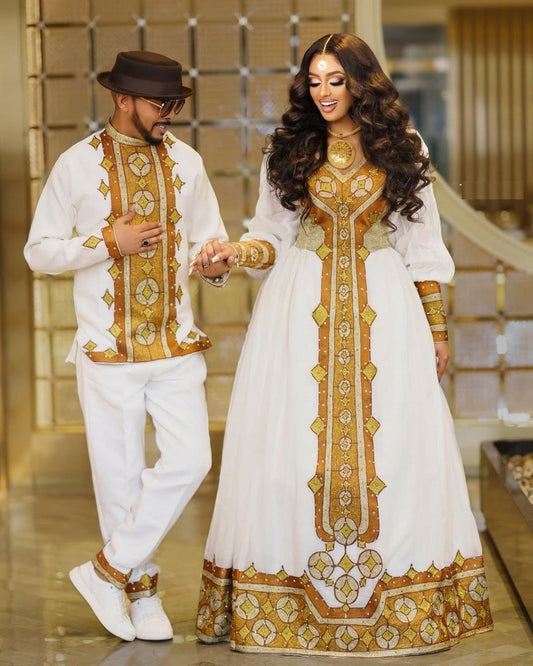 Simple Ethiopian Wedding Dress – Detailed Brown Embroidery Elegance | Shiromeda Threads