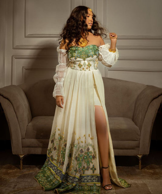 Off-Shoulder Green Ethiopian Wedding Dress – Elegant Shine &amp; Heritage | Shiromeda Threads