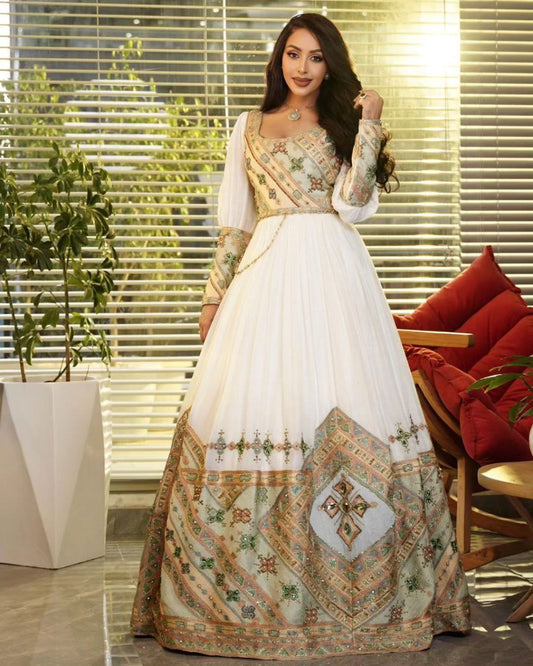 Lemon-Themed Ethiopian Wedding Dress – Cross Design &amp; Radiant Detail | Shiromeda Threads