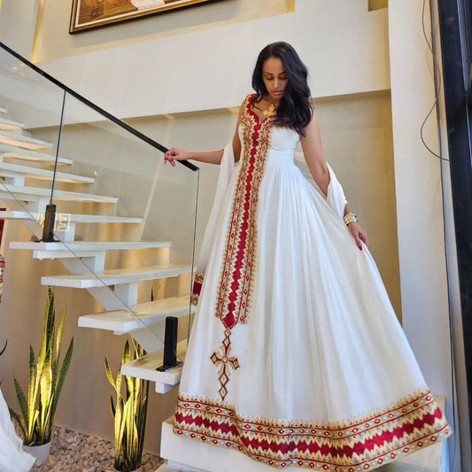 Red Maxi Ethiopian Dress – Long Embroidery &amp; Shiny Stone Detail | Shiromeda Threads